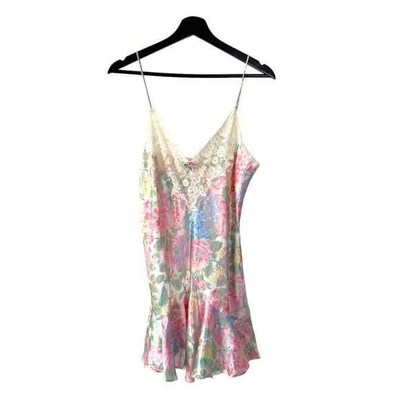 Victorias Secret 90s Satin Pink Blue Cream Spaghetti Strap Short Nightgown Mediu